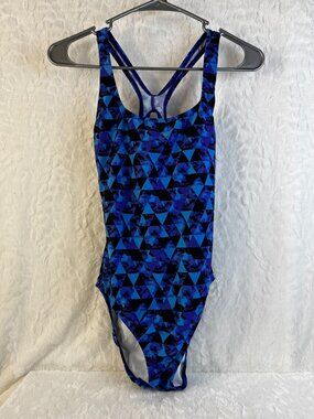 Speedo Women's Racerback Athletic Training One Piece Swimsuit Blue Geo Sz 8